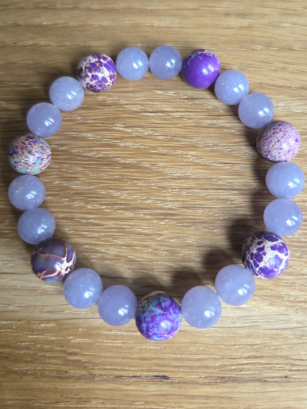 Hand Crafted Lavender Lepidolite and Sea Sediment Jasper Beads Stretch Bracelet - Picture 2 of 11